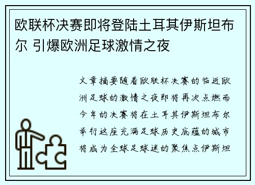 欧联杯决赛即将登陆土耳其伊斯坦布尔 引爆欧洲足球激情之夜